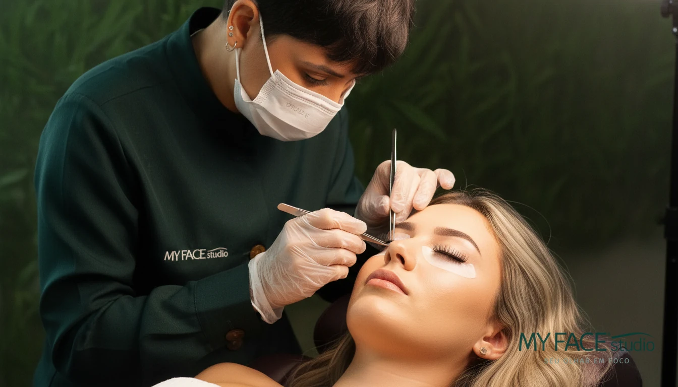 Olhar com cílios volumosos por extensão de cílios no My Face Studio.