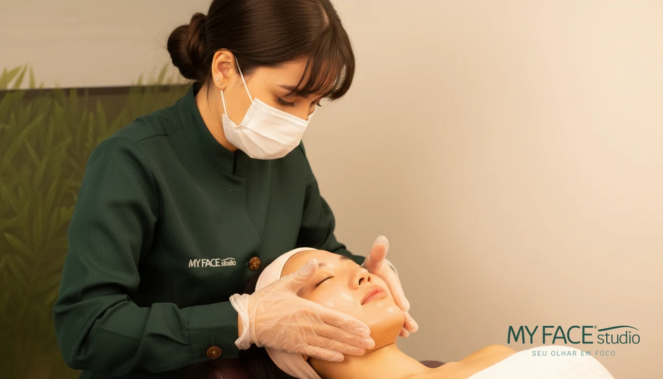 Profissional do My Face Studio realizando a Limpeza de Pele Coreana — massagem facial com efeito glass skin na cliente.